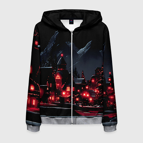 Мужская толстовка на молнии Новогодняя ночь и красные гирлянды / 3D-Меланж – фото 1