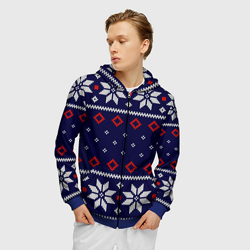 Мужская толстовка на молнии Вязаный новогодний узор / 3D-Синий – фото 3