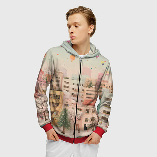 Мужская толстовка на молнии Объемный новогодний город / 3D-Красный – фото 3
