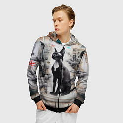 Толстовка 3D на молнии мужская Кошка Корниш-рекс - ретро граффити, цвет: 3D-черный — фото 2