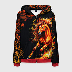 Толстовка 3D на молнии мужская Огненный конь в русской хохломе, цвет: 3D-красный