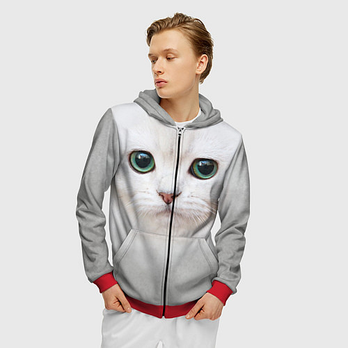 Мужская толстовка на молнии Белый котик / 3D-Красный – фото 3