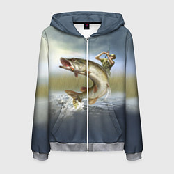 Толстовка 3D на молнии мужская Дерзская щука, цвет: 3D-меланж