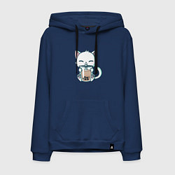 Толстовка-худи хлопковая мужская Котик с бабл ти, цвет: тёмно-синий