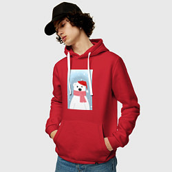 Толстовка-худи хлопковая мужская Мультяшный белый медведь в красной шапке с шарфом, цвет: красный — фото 2