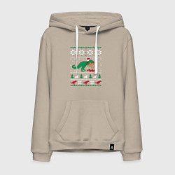 Толстовка-худи хлопковая мужская Новогодний тирекс - ugly sweater, цвет: миндальный
