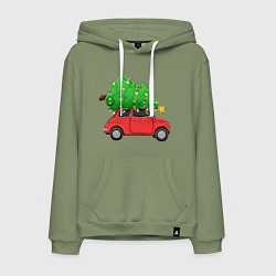 Толстовка-худи хлопковая мужская Новогодняя машина с праздничной елкой, цвет: авокадо