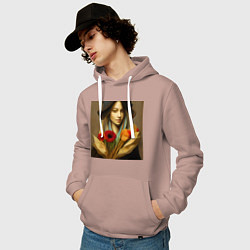 Толстовка-худи хлопковая мужская Девушка с цветами в стиле экспрессионизм, дизайн 1, цвет: пыльно-розовый — фото 2