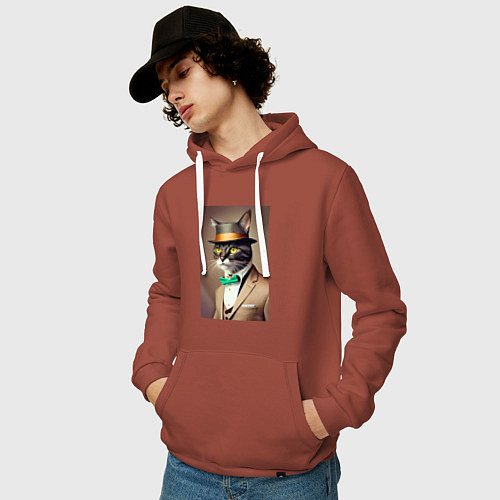 Мужская толстовка-худи Портрет кота джентльмена в шляпе / Кирпичный – фото 3