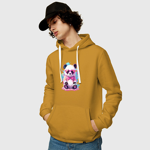 Мужская толстовка-худи Милая панда в розовых очках и бантике / Горчичный – фото 3