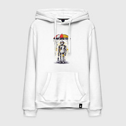 Толстовка-худи хлопковая мужская Одинокий робот под зонтом, цвет: белый