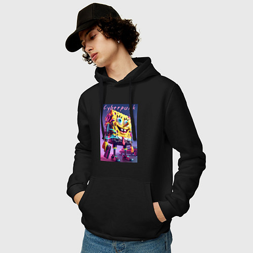 Мужская толстовка-худи Sponge Bob with a pistol - cyberpunk ai art / Черный – фото 3