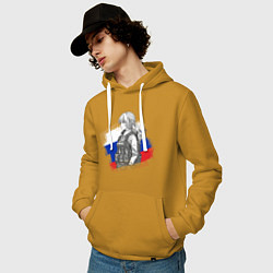 Толстовка-худи хлопковая мужская Аниме девушка на фоне триколора, цвет: горчичный — фото 2
