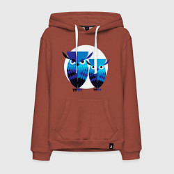 Толстовка-худи хлопковая мужская Семья филинов на фоне луны, цвет: кирпичный