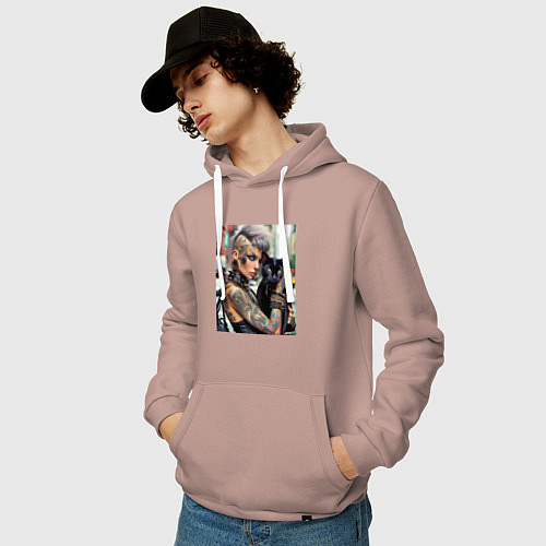 Мужская толстовка-худи Девчонка панк в татухах с чёрным котом - нейросеть / Пыльно-розовый – фото 3