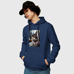 Толстовка-худи хлопковая мужская Пирсинг Нью-Йоркского кота - нейросеть, цвет: тёмно-синий — фото 2