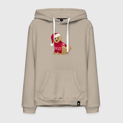 Мужская толстовка-худи Собачка в новогоднем свитере / Миндальный – фото 1