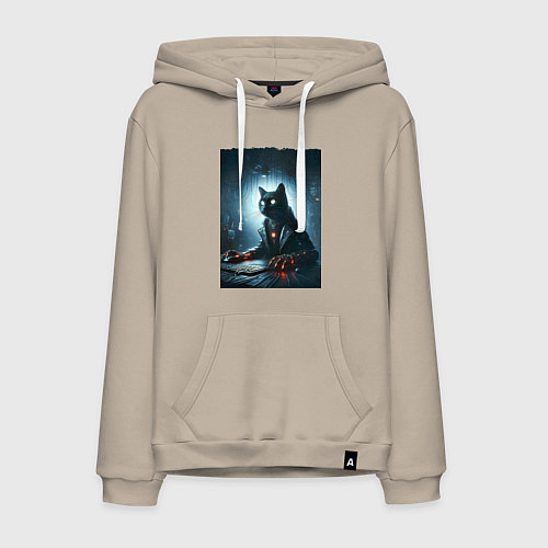 Мужская толстовка-худи Кибер кот за компьютером - неоновое свечение / Миндальный – фото 1