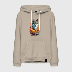 Толстовка-худи хлопковая мужская Волк и осенний лес, цвет: миндальный