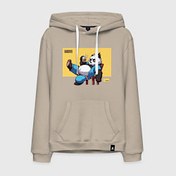 Толстовка-худи хлопковая мужская Panda with a beer mug, цвет: миндальный