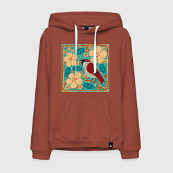 Толстовка-худи хлопковая мужская Воробей на ветке яблони, цвет: кирпичный