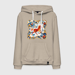 Толстовка-худи хлопковая мужская Новый год красной лошади с новогодними шарами, цвет: миндальный
