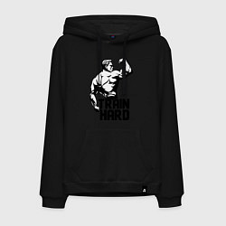 Толстовка-худи хлопковая мужская Train hard, цвет: черный