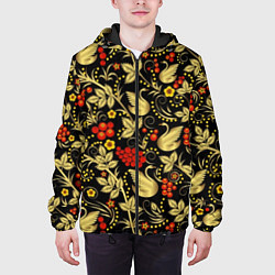 Куртка с капюшоном мужская Хохлома золотые лебеди, цвет: 3D-черный — фото 2