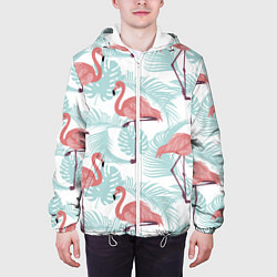 Куртка с капюшоном мужская Узор фламинго и тропических растений, цвет: 3D-белый — фото 2