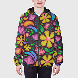 Куртка с капюшоном мужская Летние цветы узор на темном, цвет: 3D-черный — фото 2
