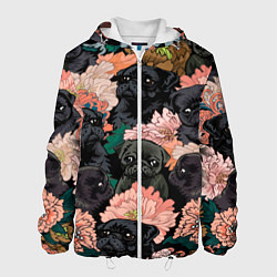 Куртка с капюшоном мужская Мопсы и Цветы, цвет: 3D-белый