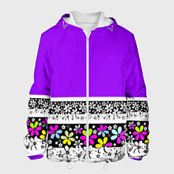 Куртка с капюшоном мужская Яркий фиолетовый цветочный, цвет: 3D-белый