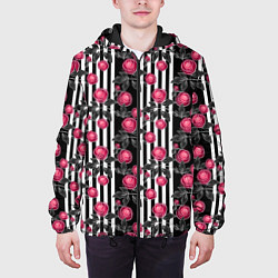 Куртка с капюшоном мужская Акварельные розы на полосатом, цвет: 3D-черный — фото 2