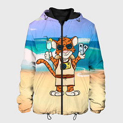 Куртка с капюшоном мужская Тигр в отпуске на новый год на море, цвет: 3D-черный