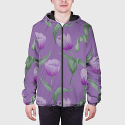 Куртка с капюшоном мужская Фиолетовые тюльпаны с зелеными листьями, цвет: 3D-черный — фото 2