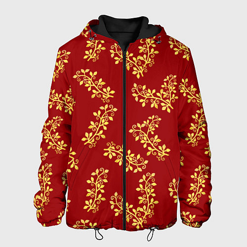 Мужская куртка Золотые веточки на ярко красном фоне / 3D-Черный – фото 1