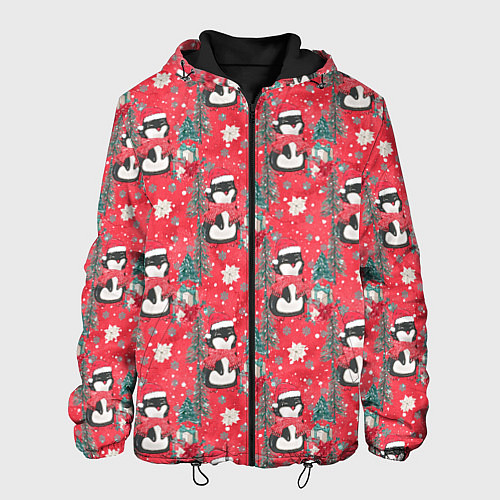 Мужская куртка Пингвины красный паттерн / 3D-Черный – фото 1
