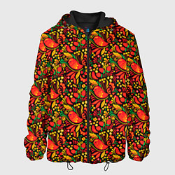 Куртка с капюшоном мужская Желтые и красные цветы, птицы и ягоды хохлома, цвет: 3D-черный