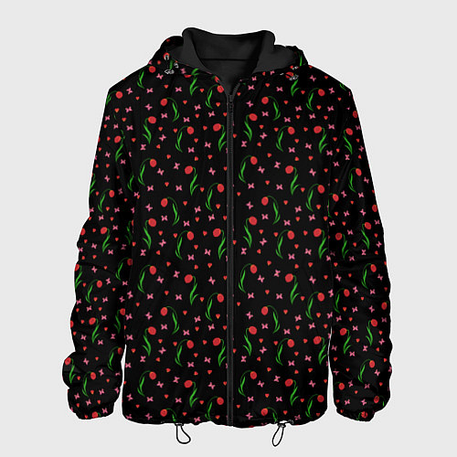 Мужская куртка Тюльпаны, сердечки , бабочки на черном / 3D-Черный – фото 1