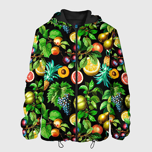 Мужская куртка Сочные фрукты - персик, груша, слива, ананас / 3D-Черный – фото 1