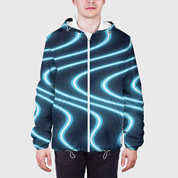 Куртка с капюшоном мужская Неоновый свет Волны голубые на темном фоне, цвет: 3D-белый — фото 2
