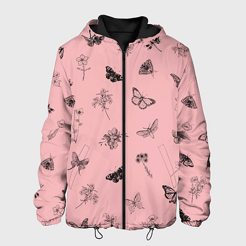 Мужская куртка Цветочки и бабочки на розовом фоне / 3D-Черный – фото 1