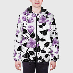 Куртка с капюшоном мужская Распустившиеся фиолетовые цветы, цвет: 3D-черный — фото 2