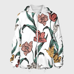 Куртка с капюшоном мужская Цветы Разноцветные Тюльпаны, цвет: 3D-белый