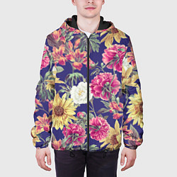 Куртка с капюшоном мужская Цветы Розовые Пионы, цвет: 3D-черный — фото 2