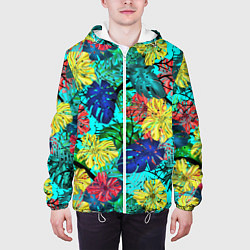 Куртка с капюшоном мужская Тропические растения на бирюзовом фоне, цвет: 3D-белый — фото 2