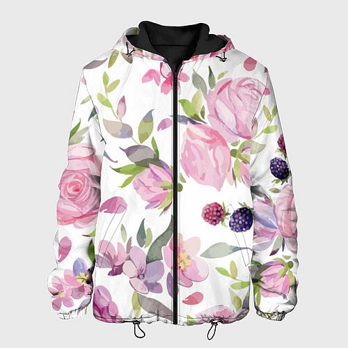 Мужская куртка Летний красочный паттерн из цветков розы и ягод еж / 3D-Черный – фото 1