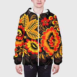 Куртка с капюшоном мужская Хохломская Роспись Цветы На Тёмном Фоне, цвет: 3D-белый — фото 2