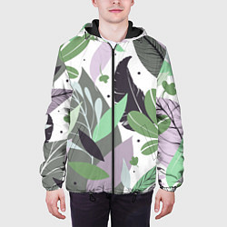Куртка с капюшоном мужская Зелёные, серые, голубые, сиреневые листья на белом, цвет: 3D-черный — фото 2