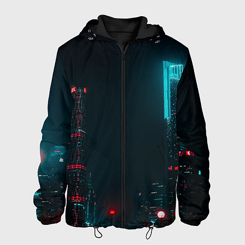 Мужская куртка Неоновые высотки в городе - Светло-синий / 3D-Черный – фото 1